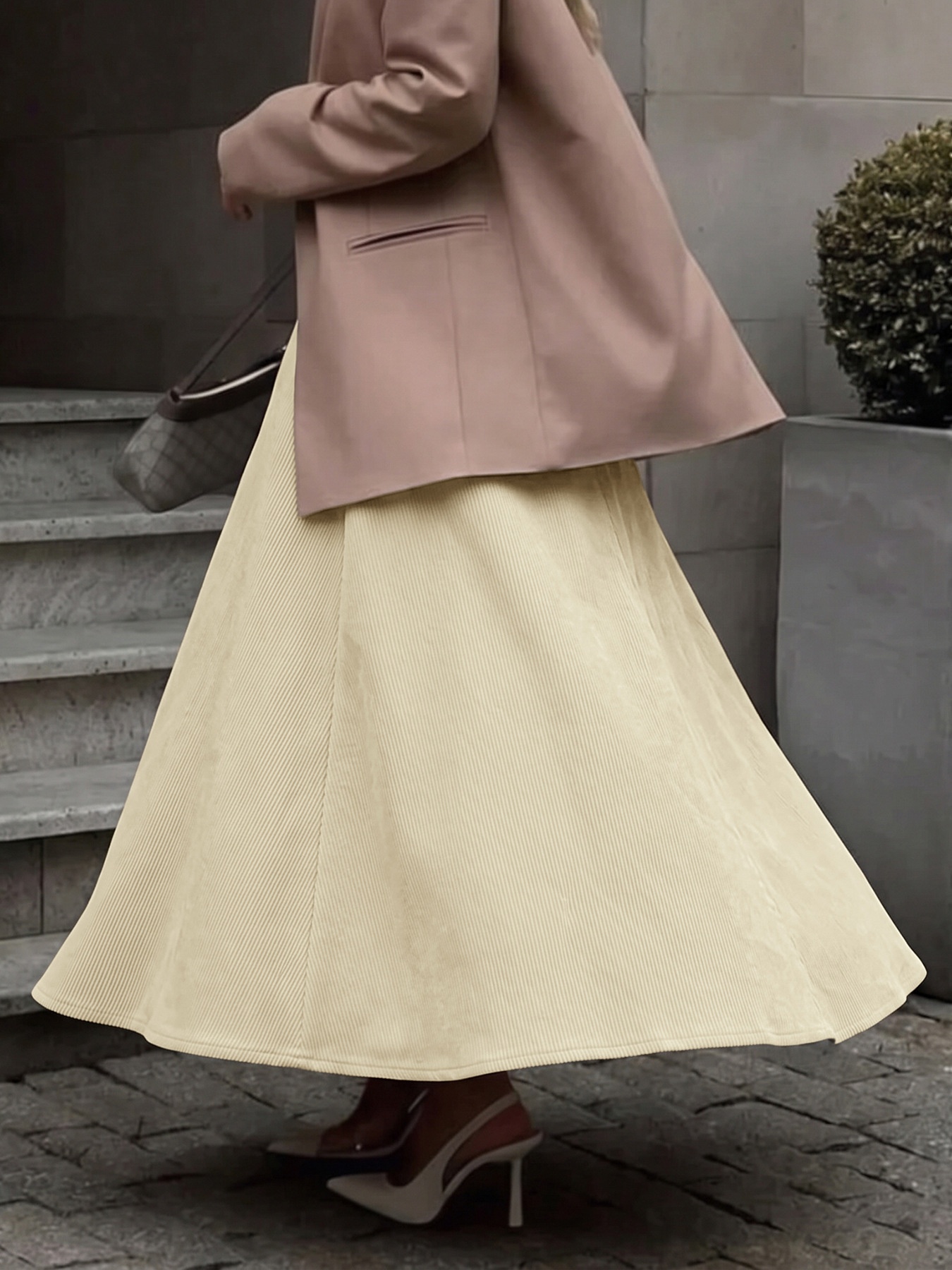 Pleated Corduroy Maxi Skirt with Flap Pockets