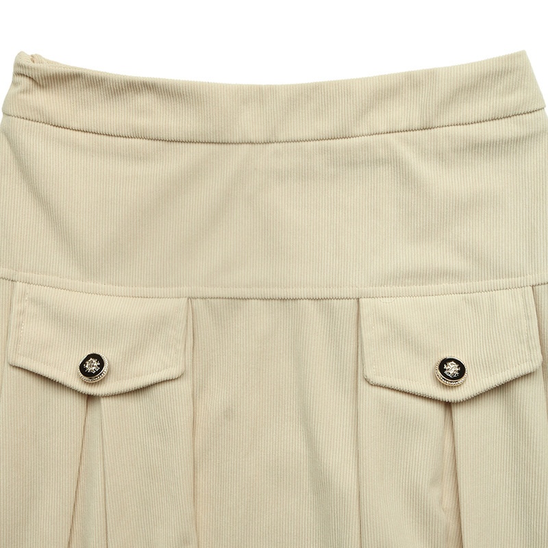 Pleated Corduroy Maxi Skirt with Flap Pockets