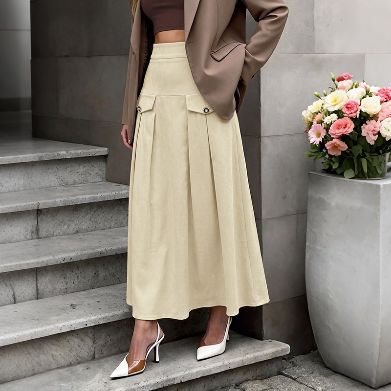 Pleated Corduroy Maxi Skirt with Flap Pockets