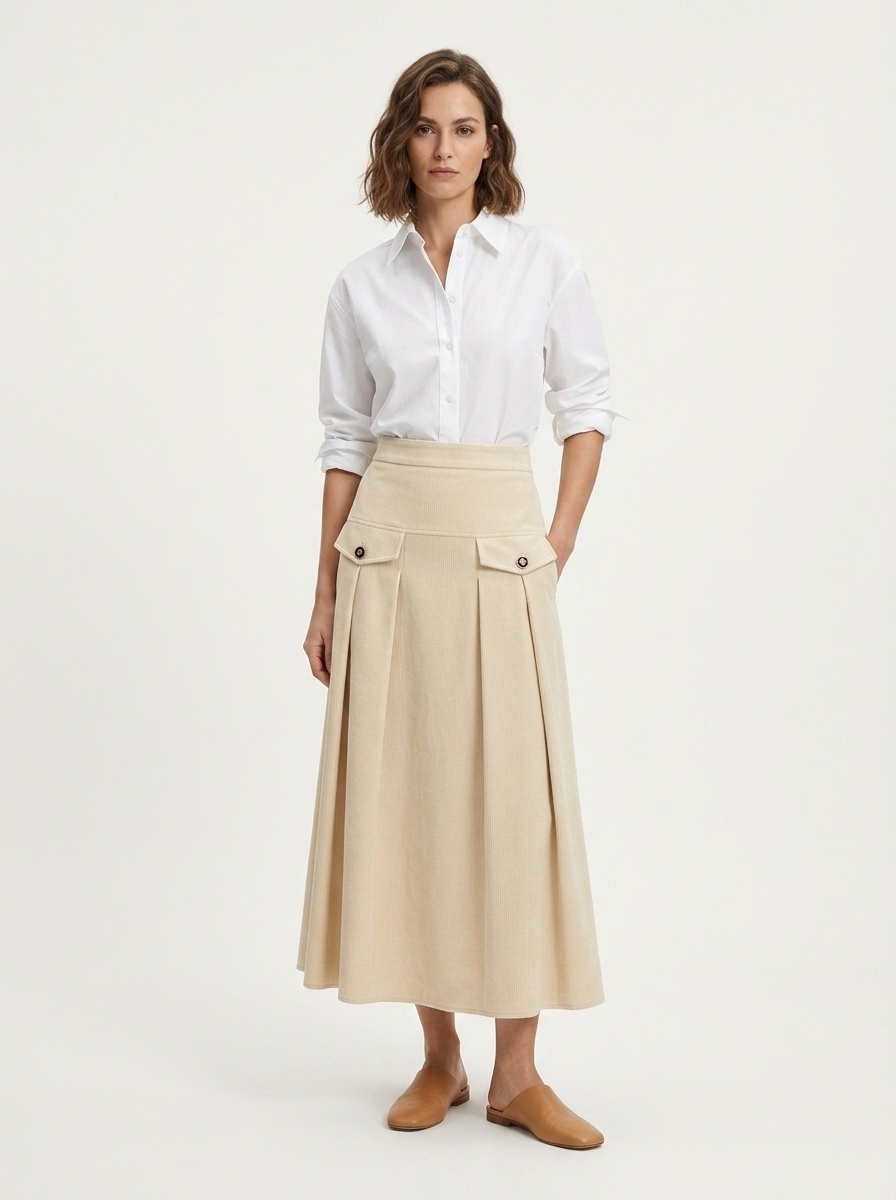 Pleated Corduroy Maxi Skirt with Flap Pockets