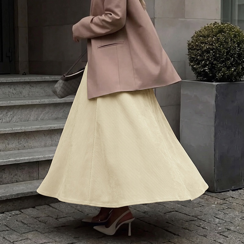 Pleated Corduroy Maxi Skirt with Flap Pockets