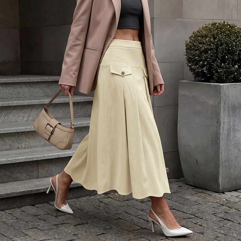 Pleated Corduroy Maxi Skirt with Flap Pockets