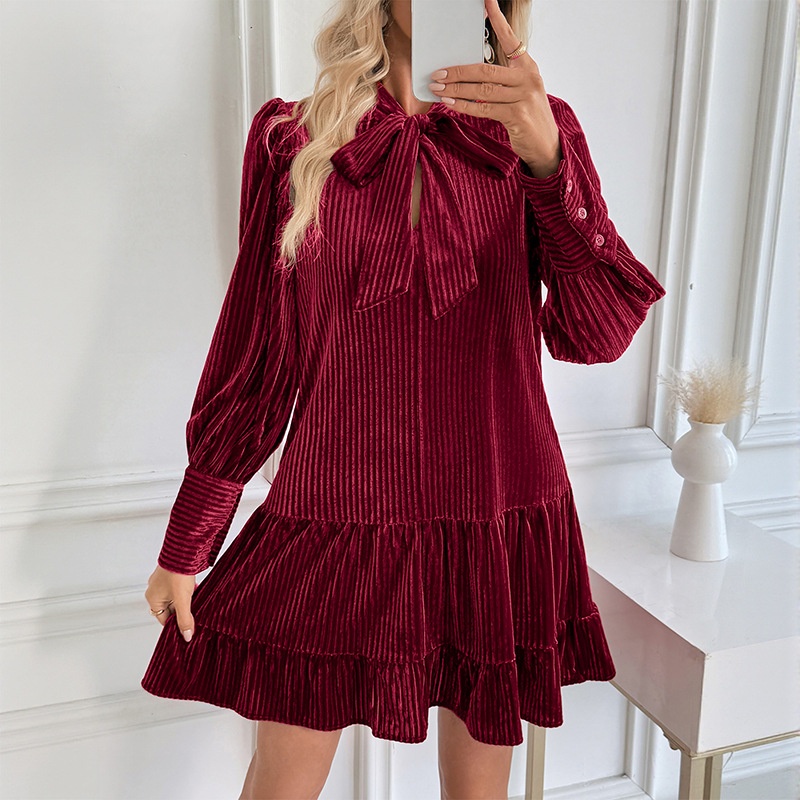 Tie Neck Ribbed Velvet Ruffle Hem Mini Dress