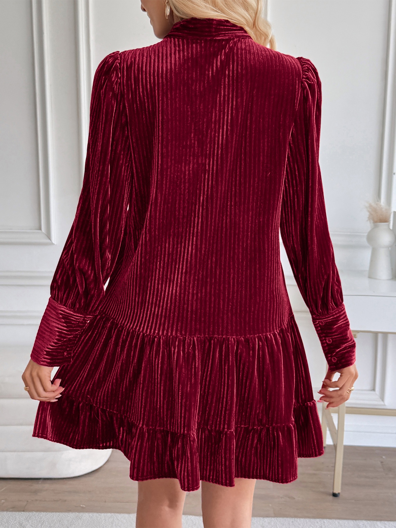 Tie Neck Ribbed Velvet Ruffle Hem Mini Dress