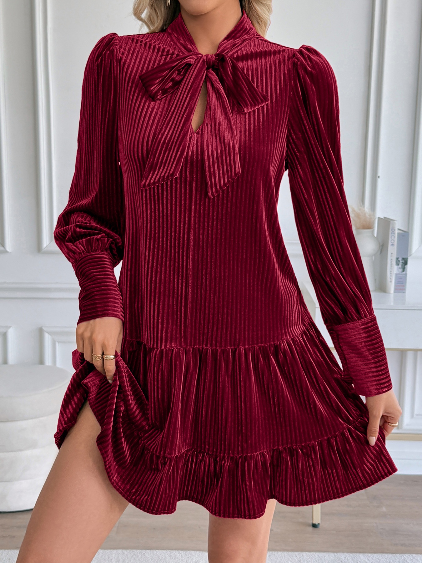 Tie Neck Ribbed Velvet Ruffle Hem Mini Dress