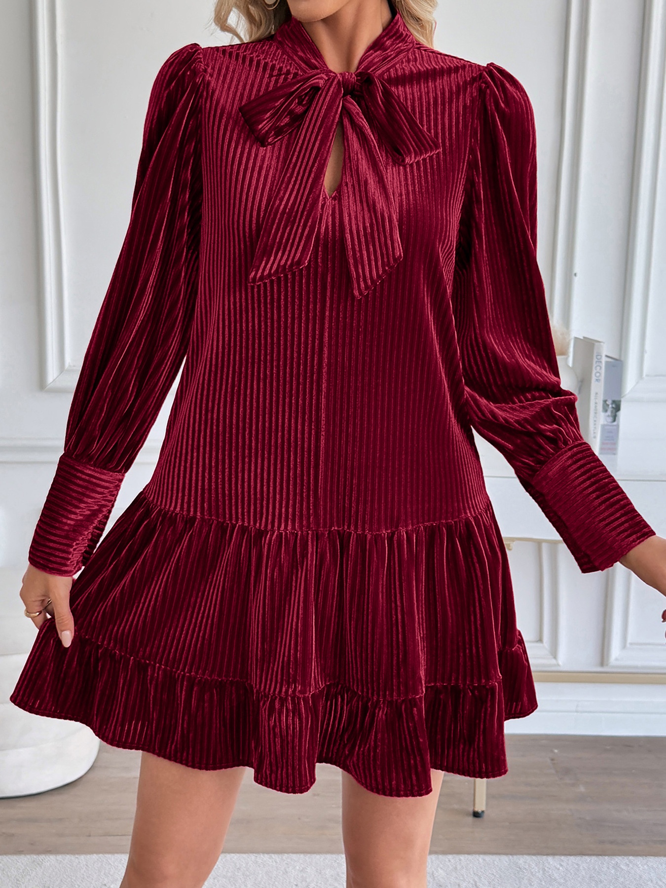 Tie Neck Ribbed Velvet Ruffle Hem Mini Dress