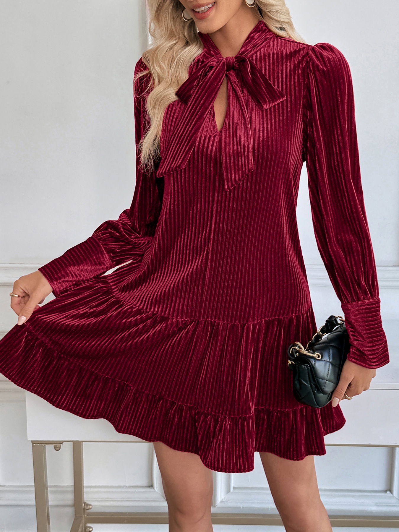 Tie Neck Ribbed Velvet Ruffle Hem Mini Dress