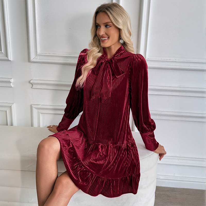 Tie Neck Ribbed Velvet Ruffle Hem Mini Dress