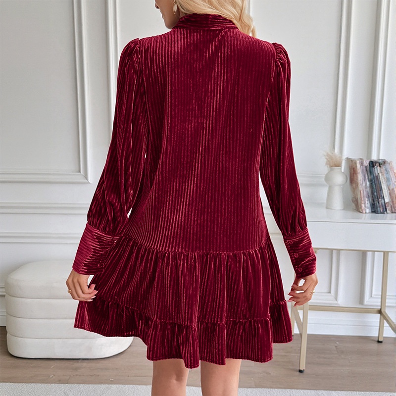 Tie Neck Ribbed Velvet Ruffle Hem Mini Dress