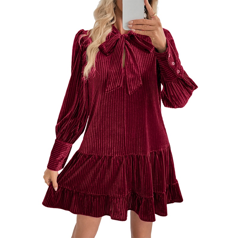 Tie Neck Ribbed Velvet Ruffle Hem Mini Dress