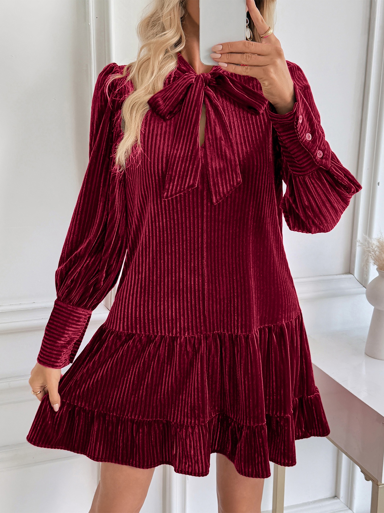 Tie Neck Ribbed Velvet Ruffle Hem Mini Dress