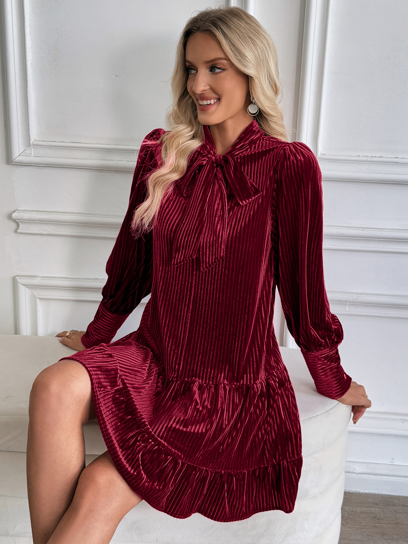 Tie Neck Ribbed Velvet Ruffle Hem Mini Dress