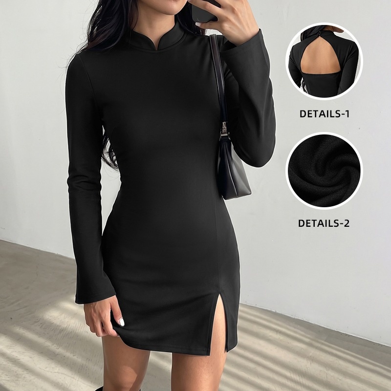 Black Long Sleeve Cut-Out Back Mini Dress