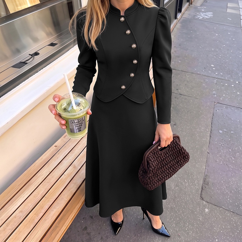 Women's Black Asymmetrical Button Jacket & Maxi Skirt Set