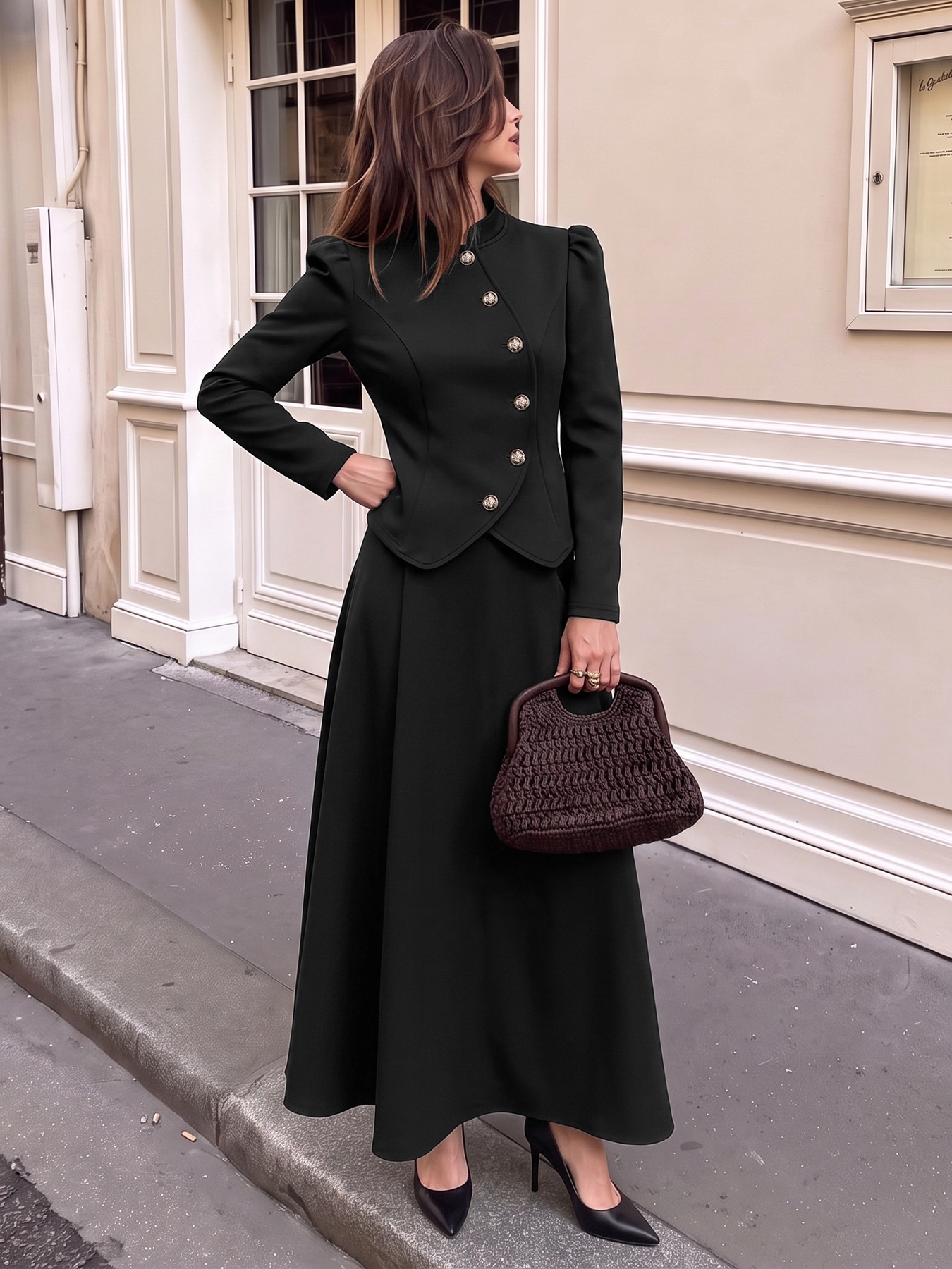 Women's Black Asymmetrical Button Jacket & Maxi Skirt Set
