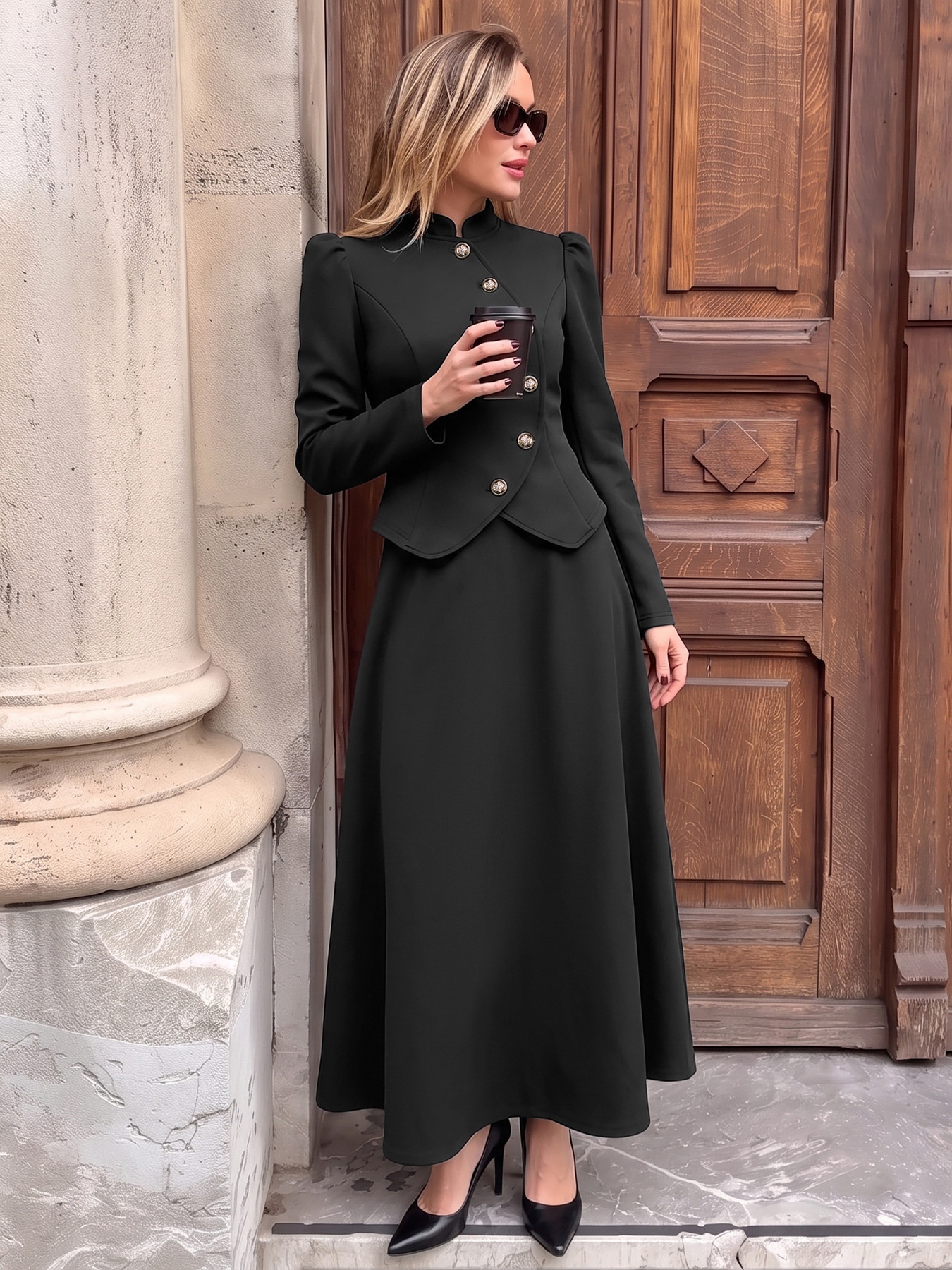 Women's Black Asymmetrical Button Jacket & Maxi Skirt Set