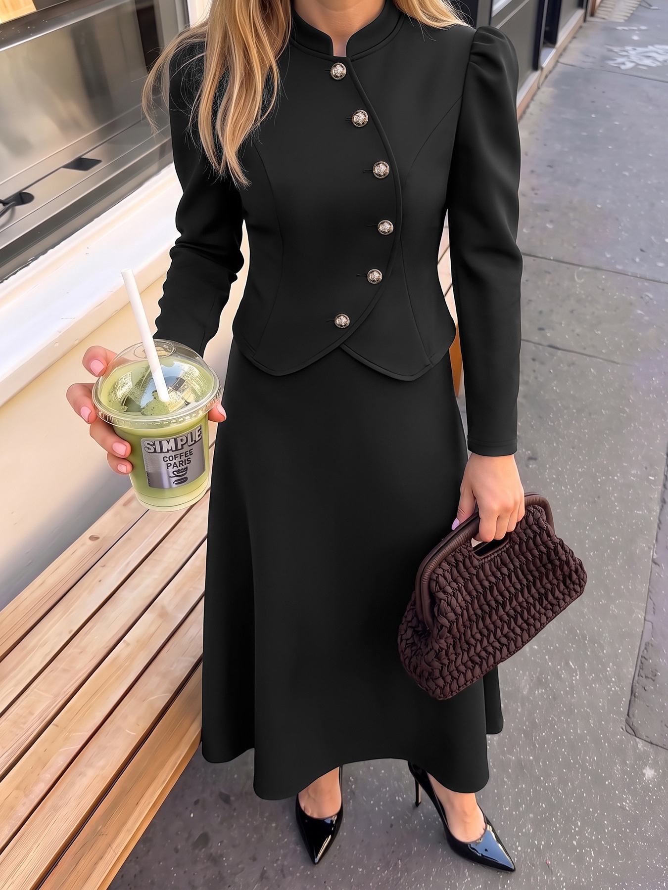 Women's Black Asymmetrical Button Jacket & Maxi Skirt Set