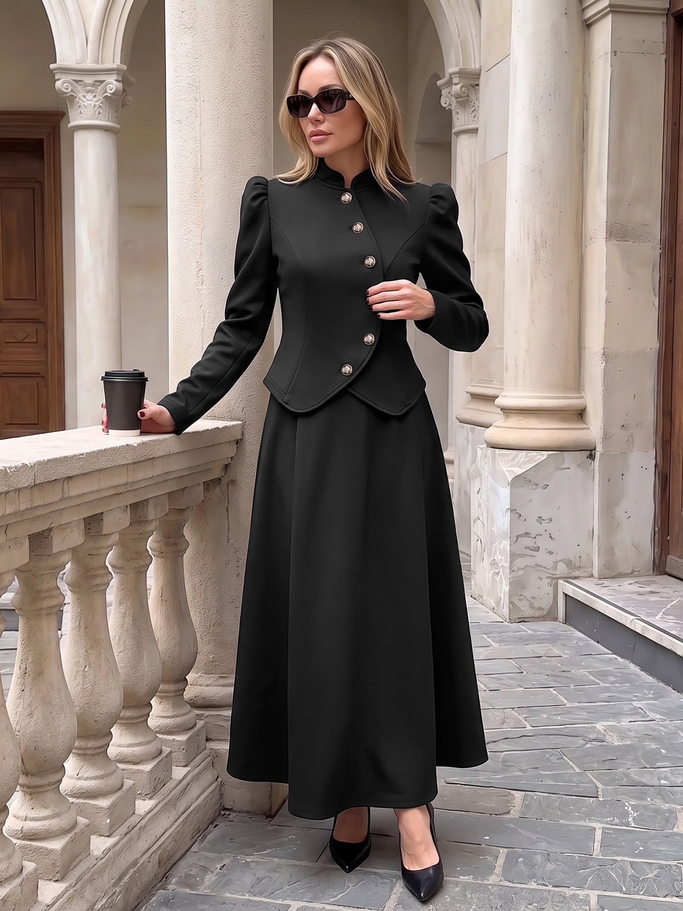Women's Black Asymmetrical Button Jacket & Maxi Skirt Set