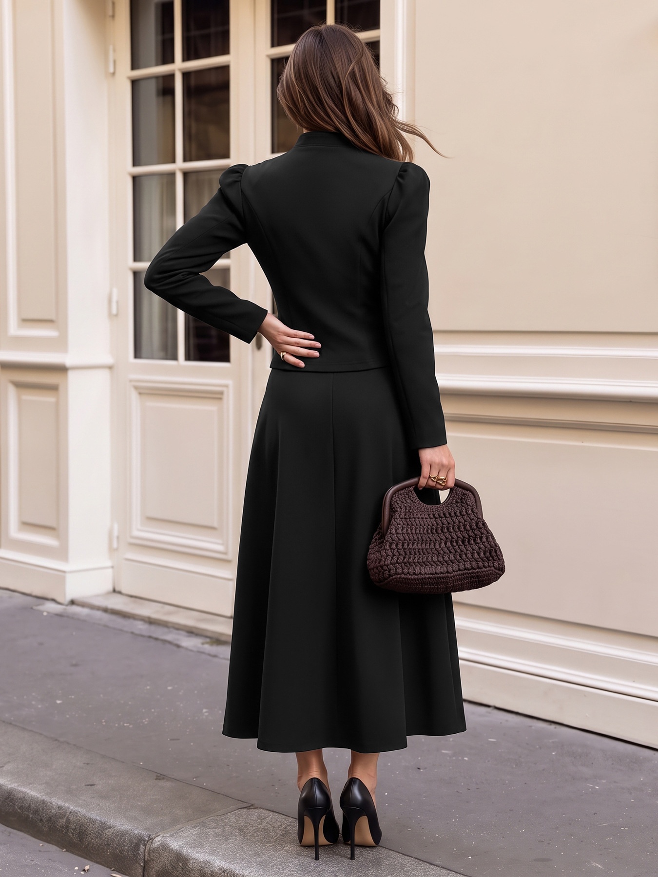 Women's Black Asymmetrical Button Jacket & Maxi Skirt Set