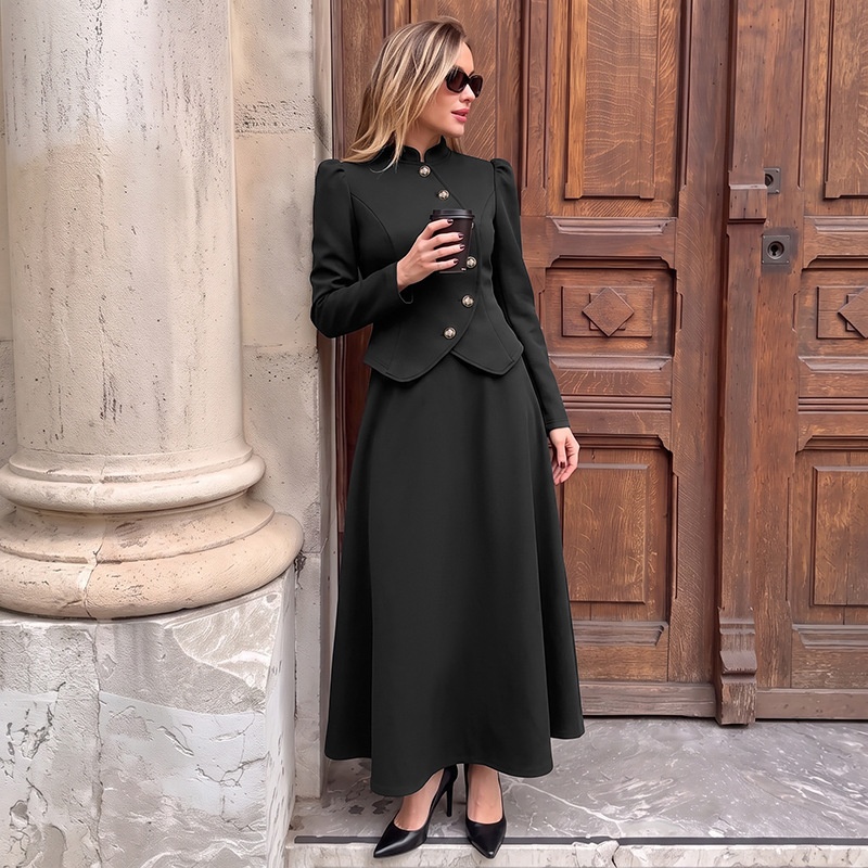 Women's Black Asymmetrical Button Jacket & Maxi Skirt Set