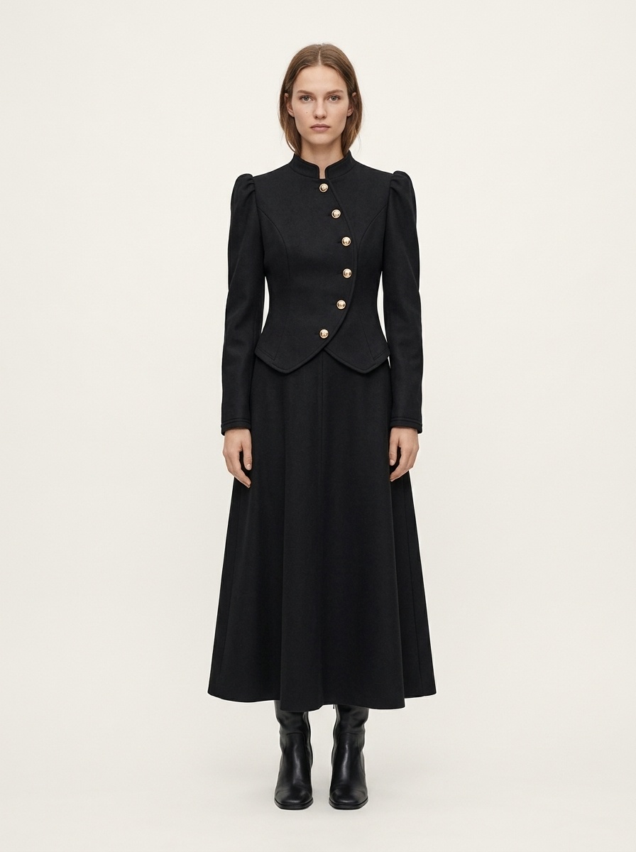 Women's Black Asymmetrical Button Jacket & Maxi Skirt Set