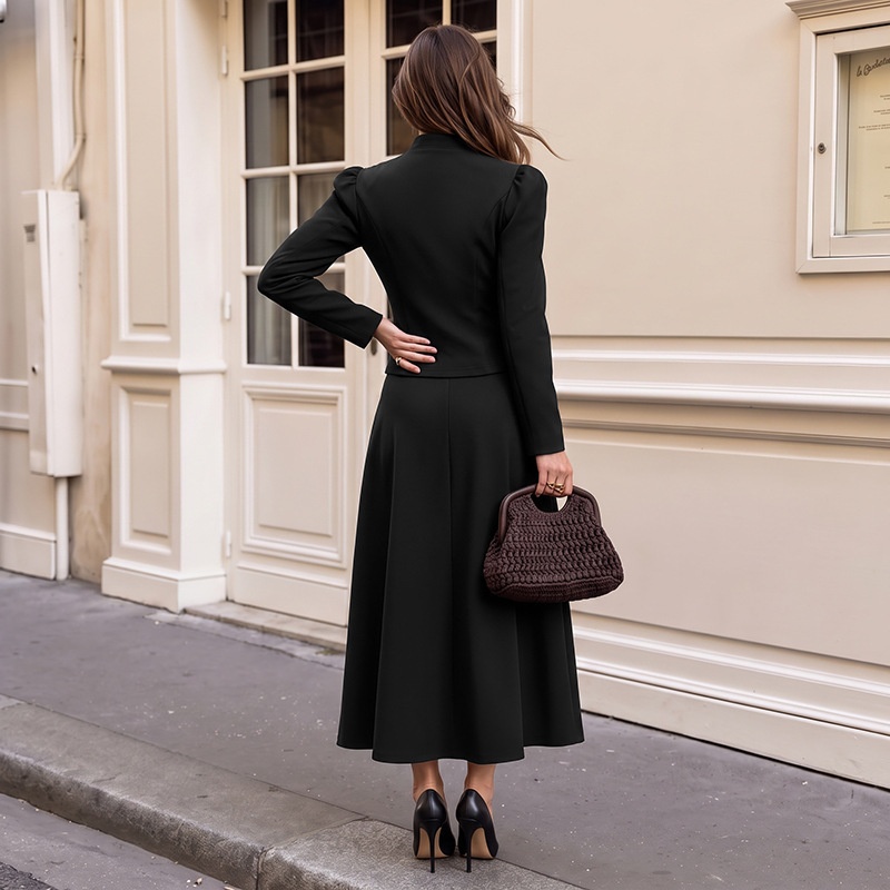 Women's Black Asymmetrical Button Jacket & Maxi Skirt Set
