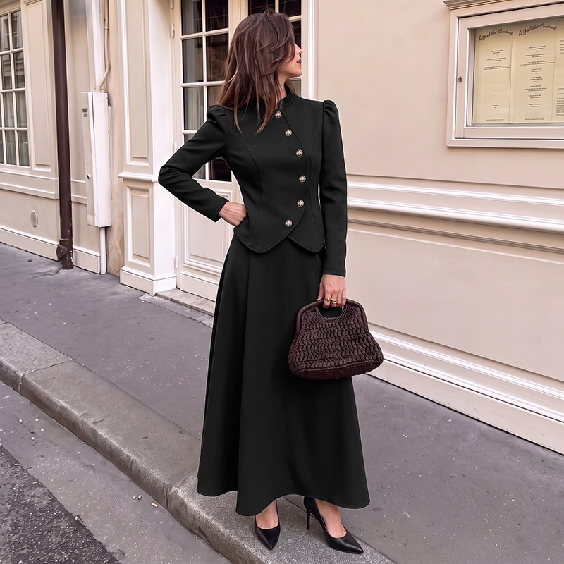 Women's Black Asymmetrical Button Jacket & Maxi Skirt Set