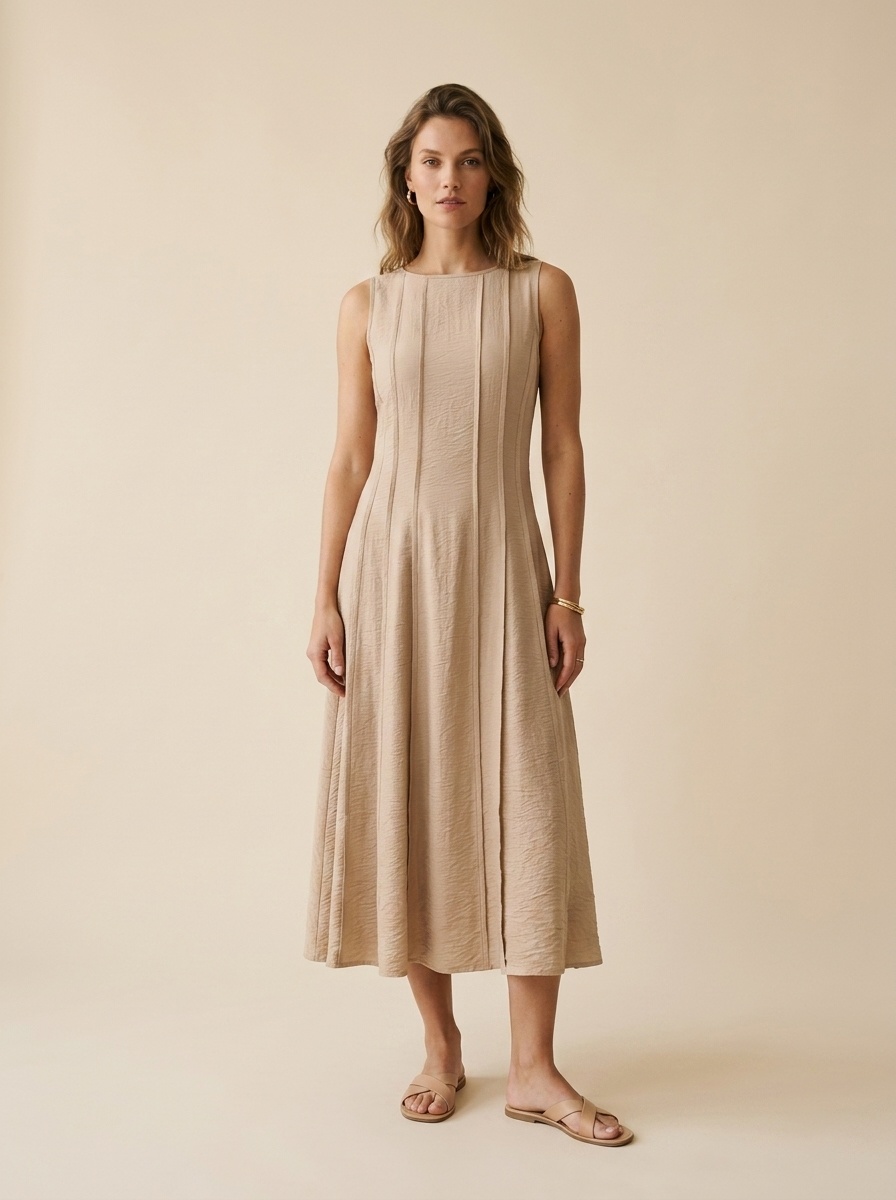 Robe longue plissée beige sans manches