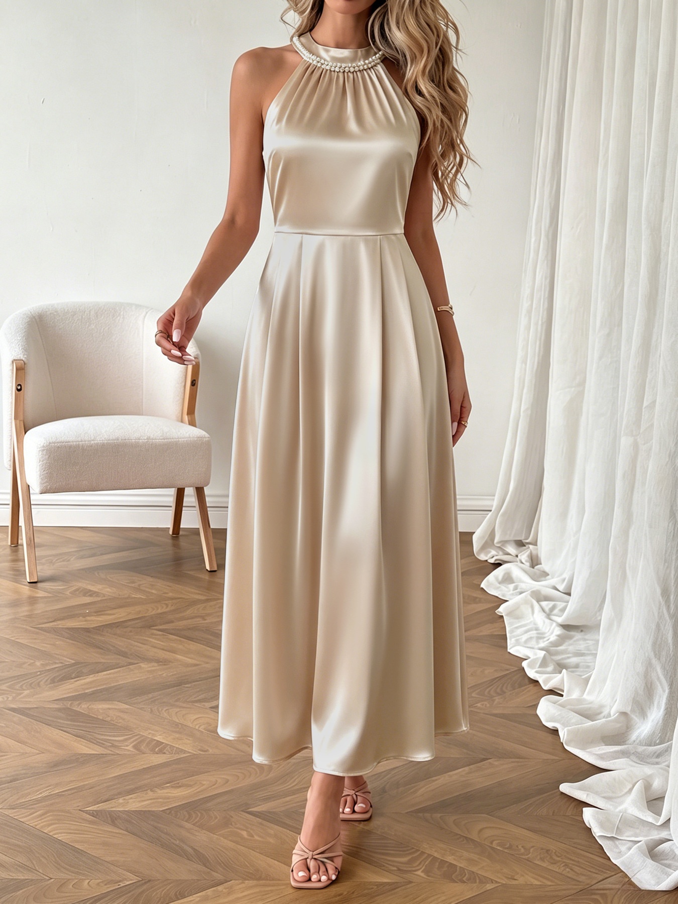 Vestido largo de satén color champán con escote halter y perlas en el cuello.