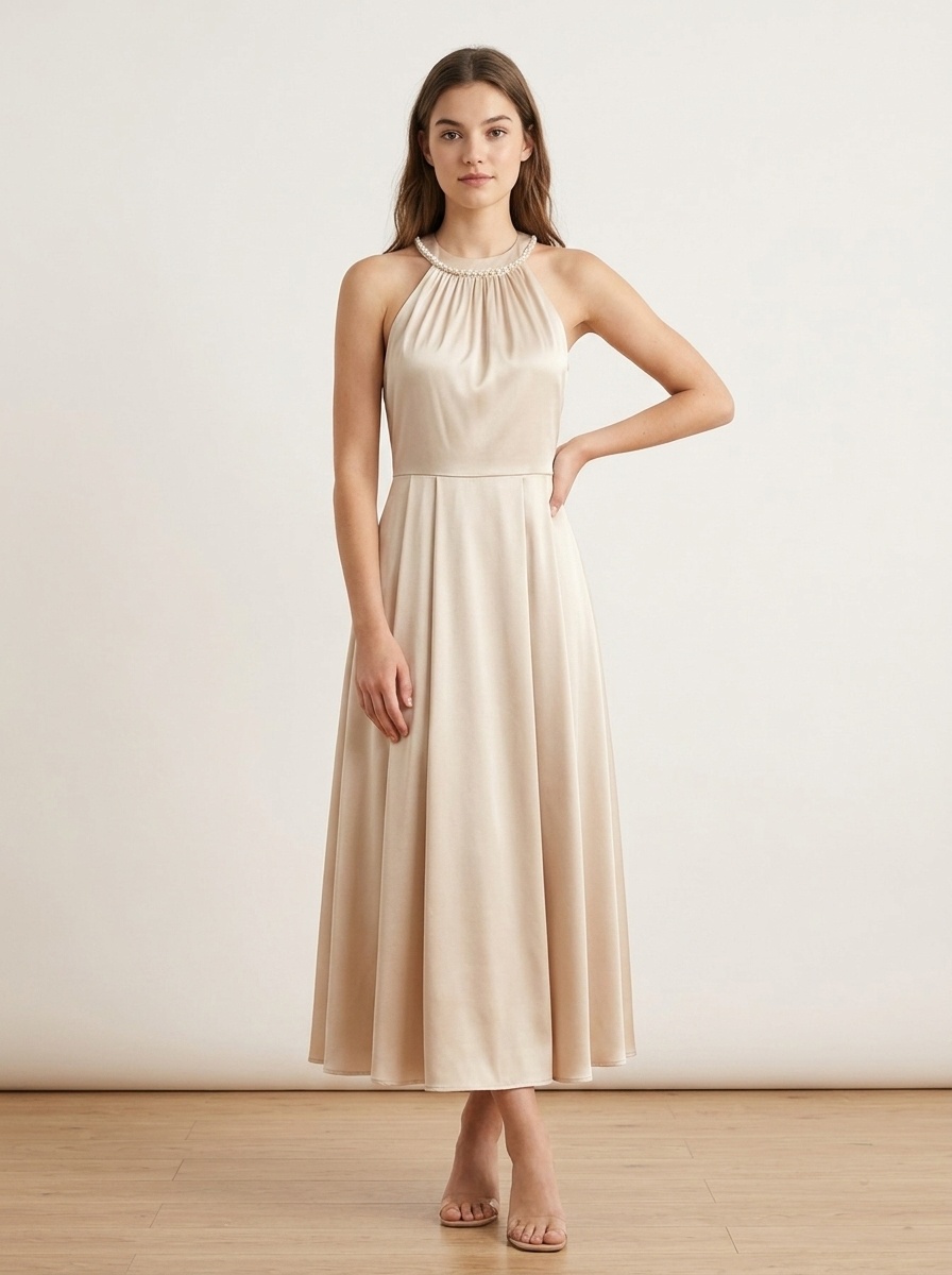 Vestido largo de satén color champán con escote halter y perlas en el cuello.