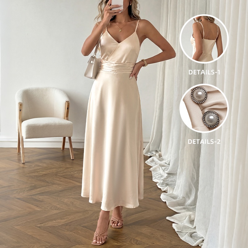 Robe nuisette midi élégante en satin champagne à col en V