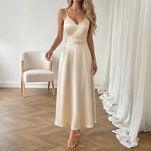 champagne midi slip dress Champagne Lace Trim V Neck Satin Midi Slip Dress Medium