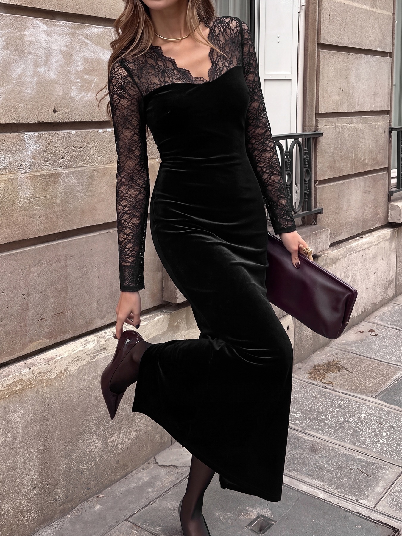 Black Lace Sweetheart Neck Velvet Maxi Dress