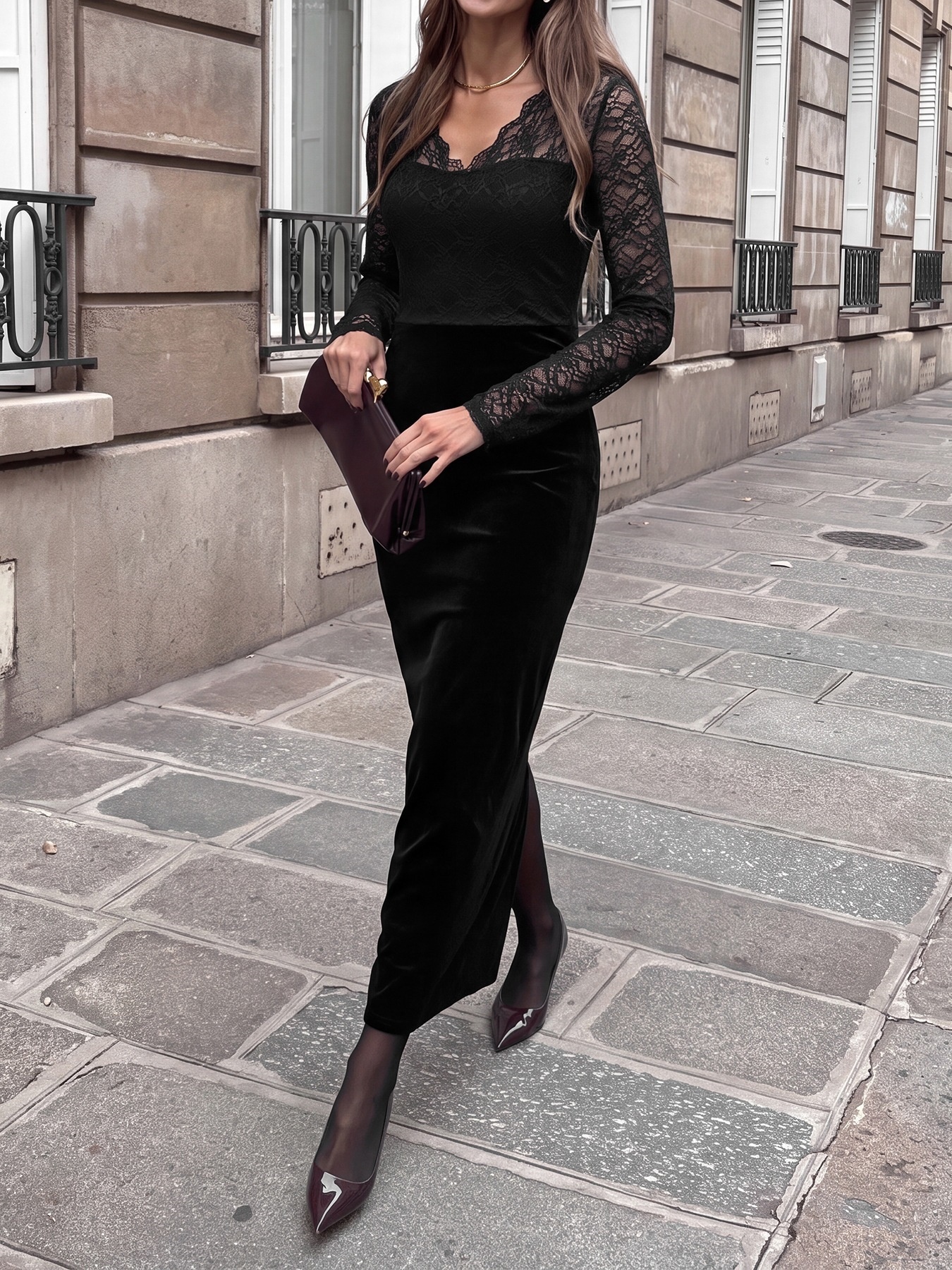 Black Lace Sweetheart Neck Velvet Maxi Dress