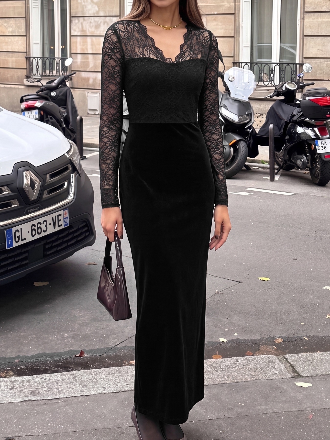Black Lace Sweetheart Neck Velvet Maxi Dress