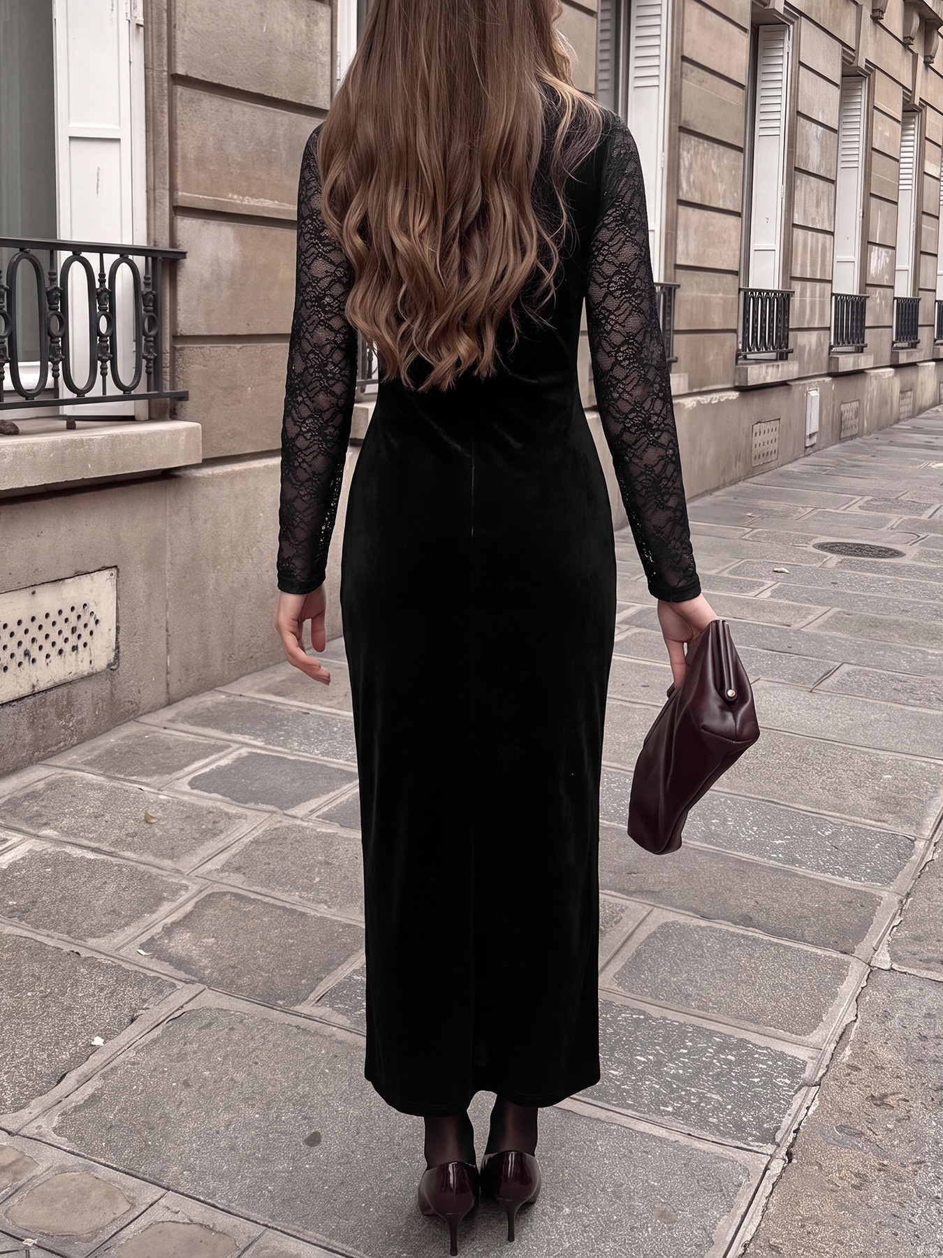 Black Lace Sweetheart Neck Velvet Maxi Dress