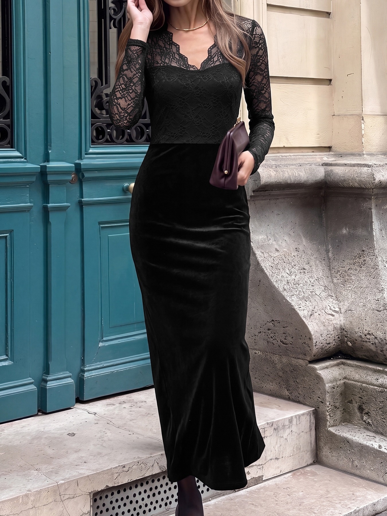 Black Lace Sweetheart Neck Velvet Maxi Dress