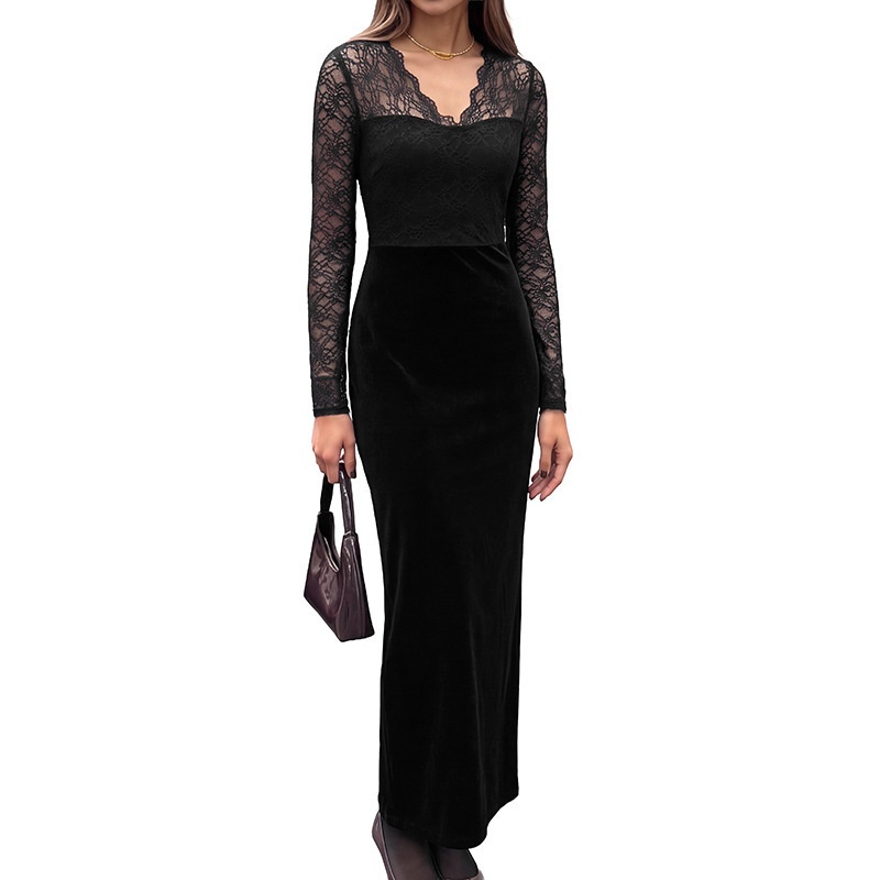 Black Lace Sweetheart Neck Velvet Maxi Dress