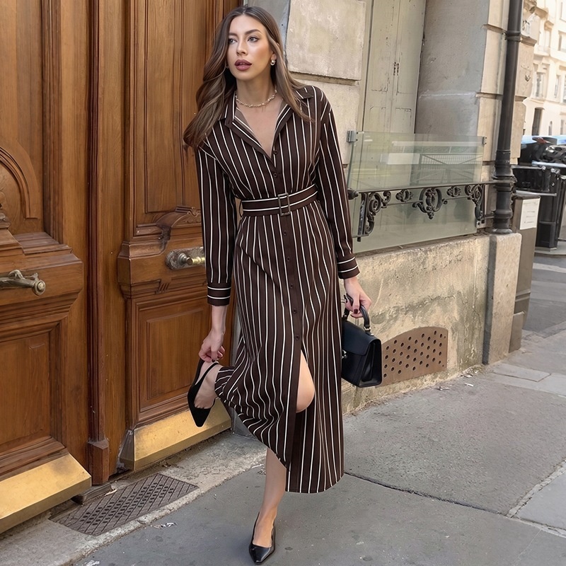 Striped Long-Sleeve Belted Maxi Shirt Dress