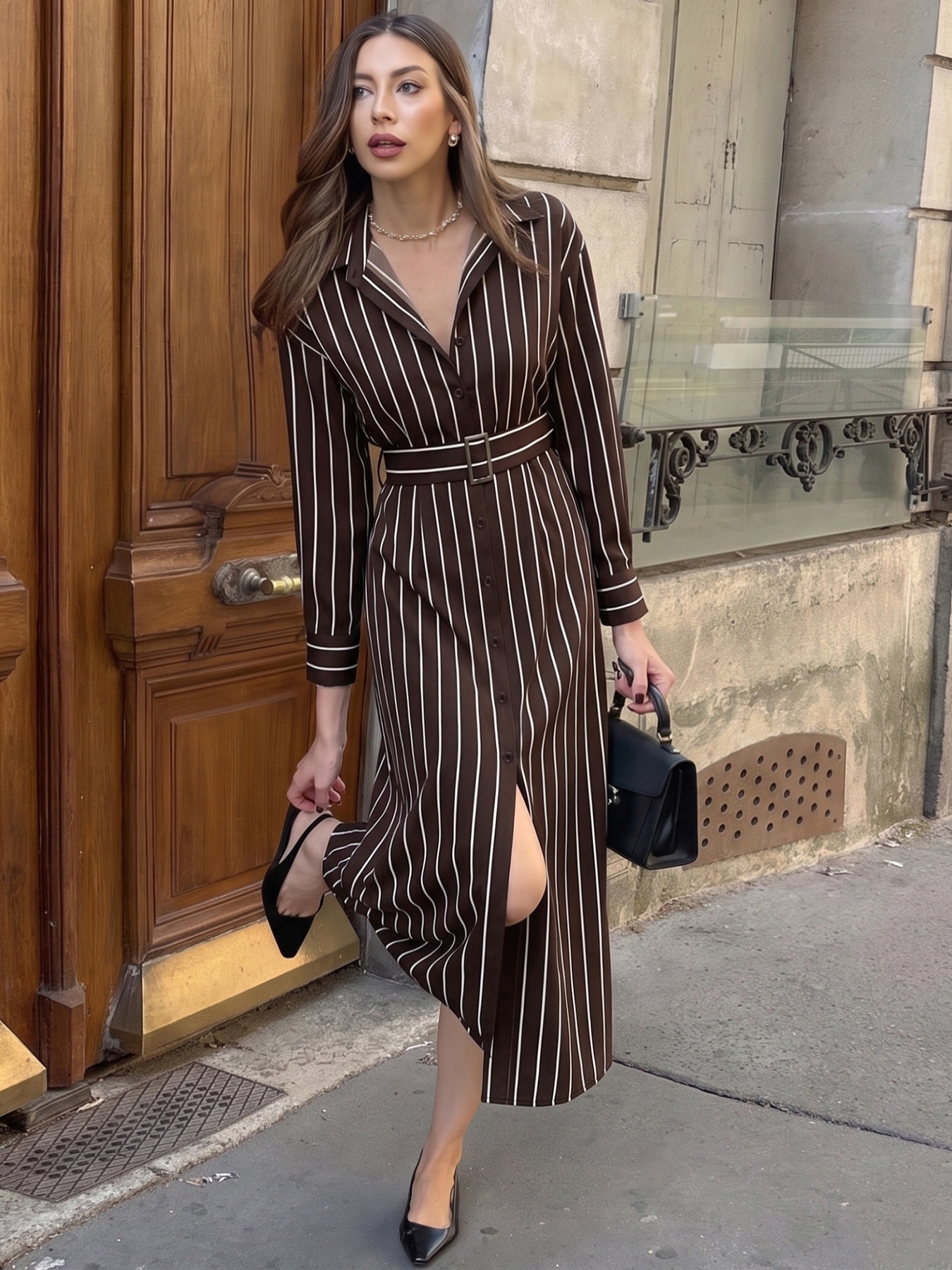 Striped Long-Sleeve Belted Maxi Shirt Dress