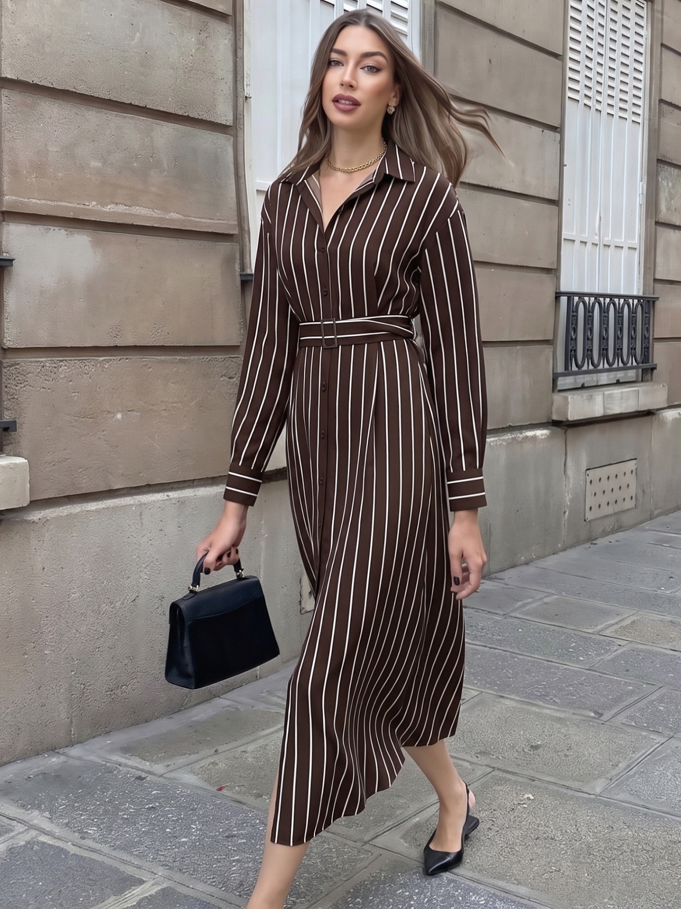 Striped Long-Sleeve Belted Maxi Shirt Dress