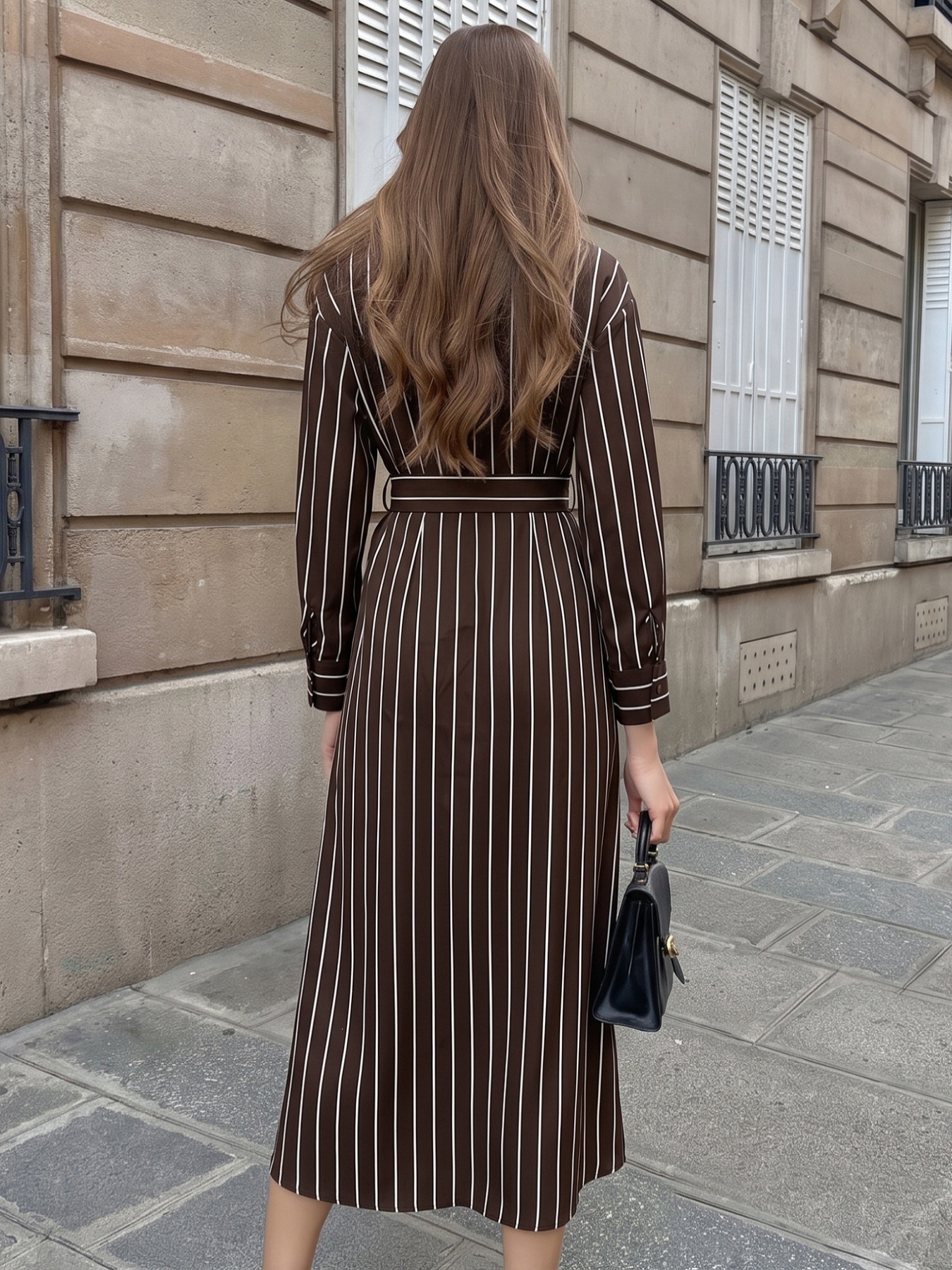 Striped Long-Sleeve Belted Maxi Shirt Dress