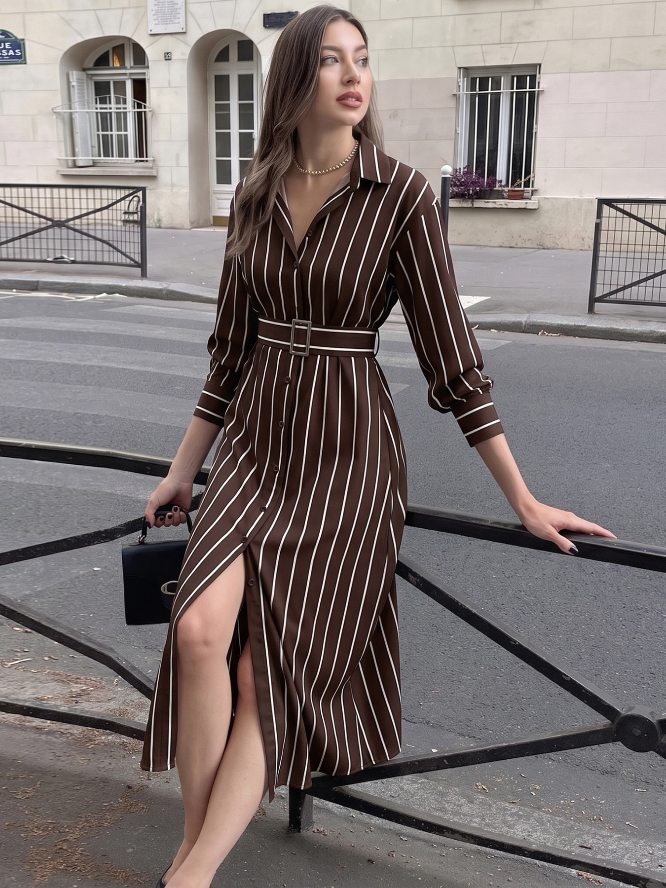 Striped Long-Sleeve Belted Maxi Shirt Dress