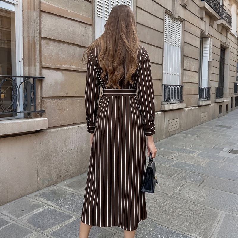 Striped Long-Sleeve Belted Maxi Shirt Dress