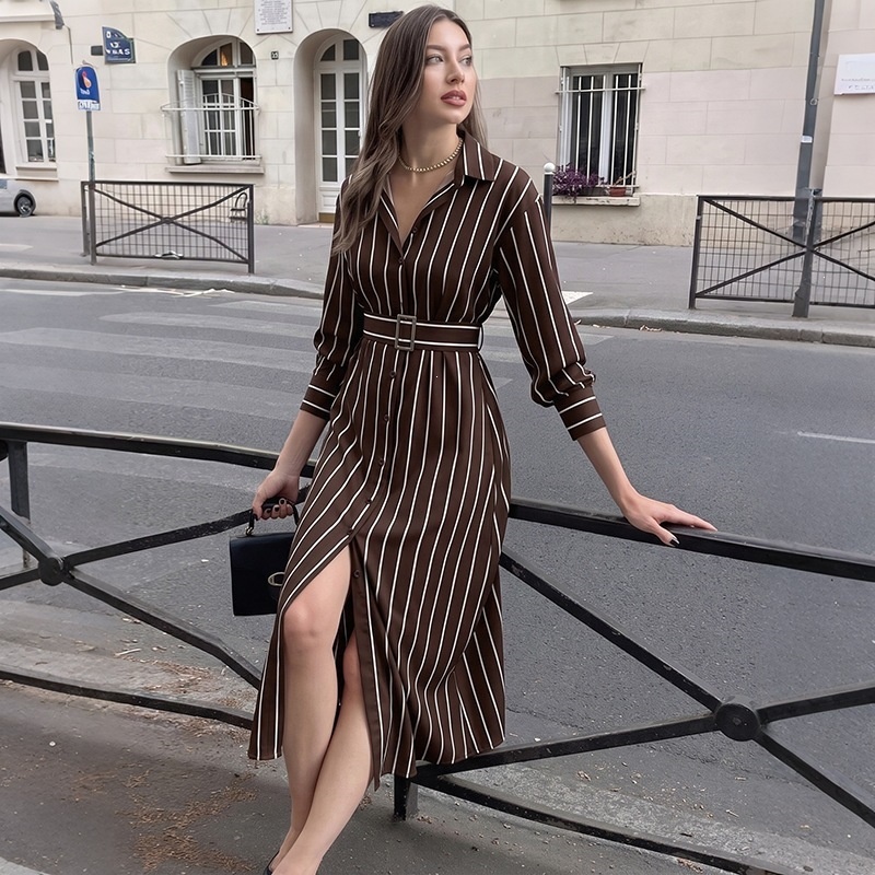 Striped Long-Sleeve Belted Maxi Shirt Dress