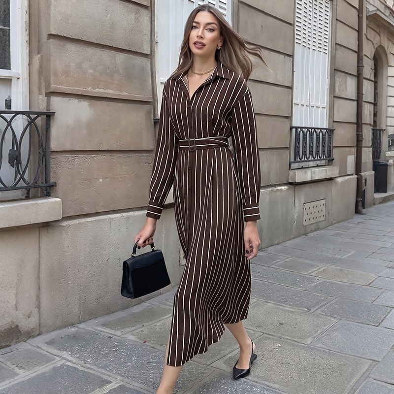 Striped Long-Sleeve Belted Maxi Shirt Dress