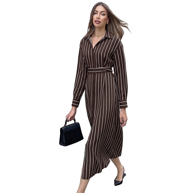 Striped Long-Sleeve Belted Maxi Shirt Dress