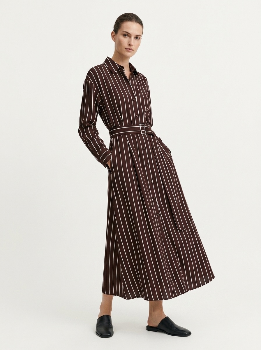 Striped Long-Sleeve Belted Maxi Shirt Dress