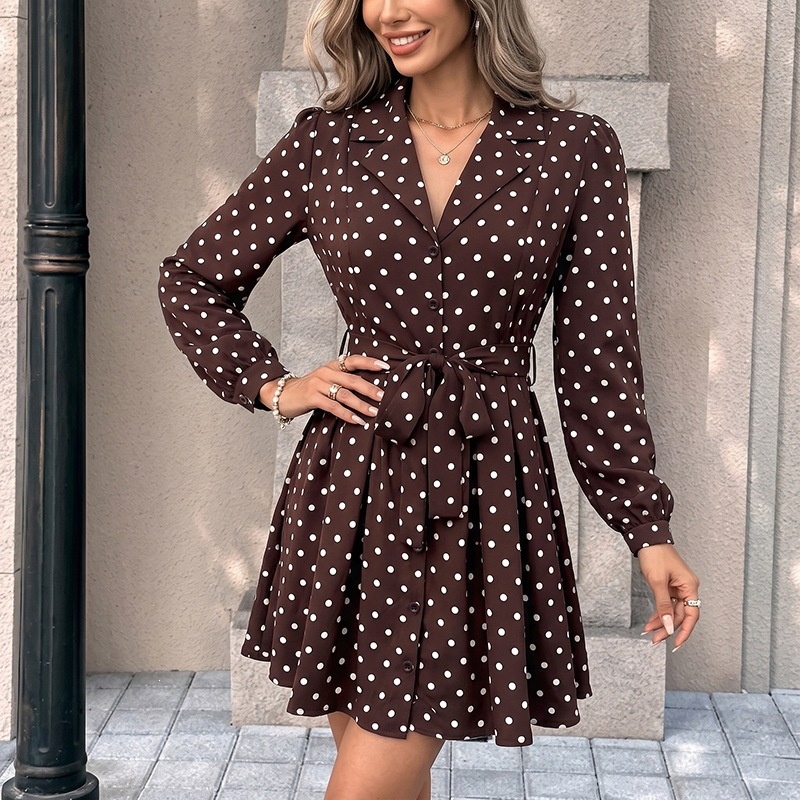 Brown Polka Dot Long Sleeve Belted Shirt Dress