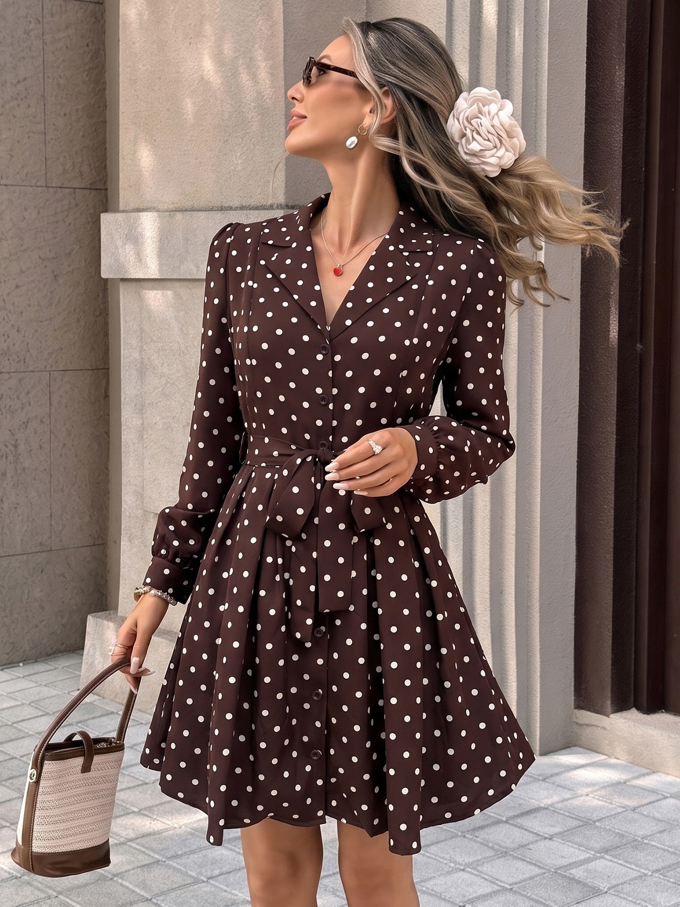 Brown Polka Dot Long Sleeve Belted Shirt Dress